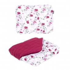 MamoTato pagalvė + antklodė, gėlytės Našlaitės, bordinė, 75x100